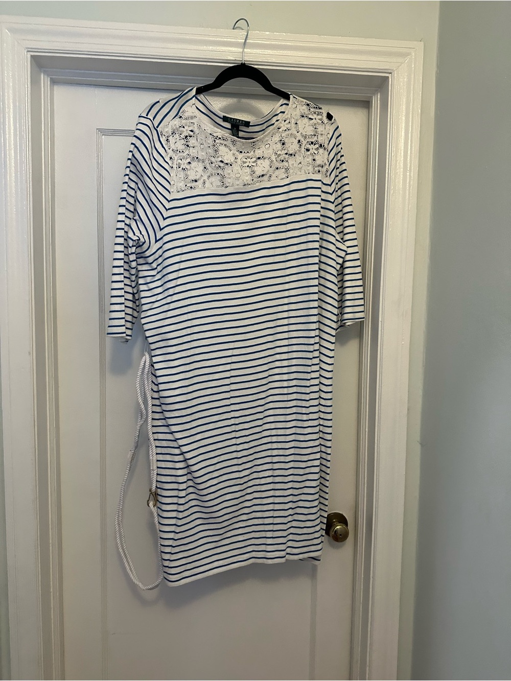Lauren Ralph Lauren White Dress with Navy Stripes and Lace Yoke